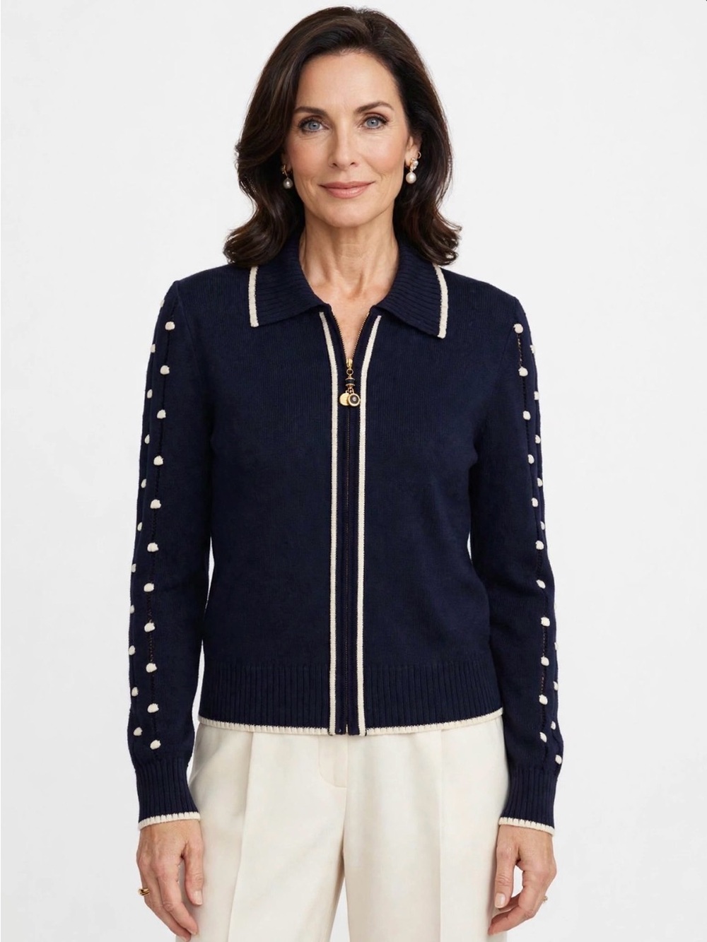 St John Collection Dark Navy Zip Cardigan Wool Blend Sweater Bomber Size 8